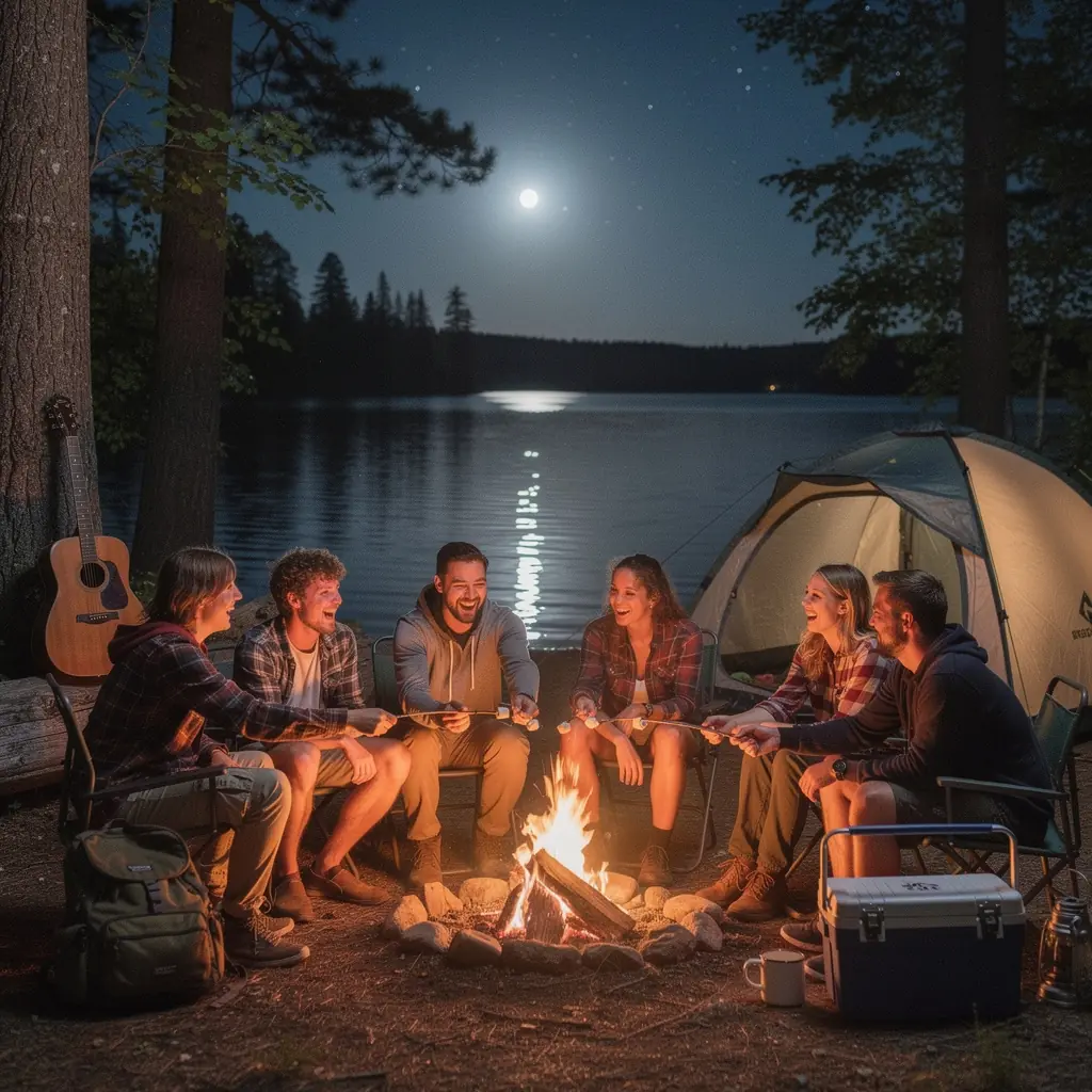 Сумка с необходимыми принадлежностями для путешествия на природу, включая воду и закуски.