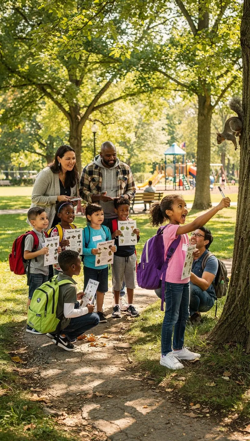 Дети, играющие на лужайке парка с яркими игрушками и спортивным инвентарем.