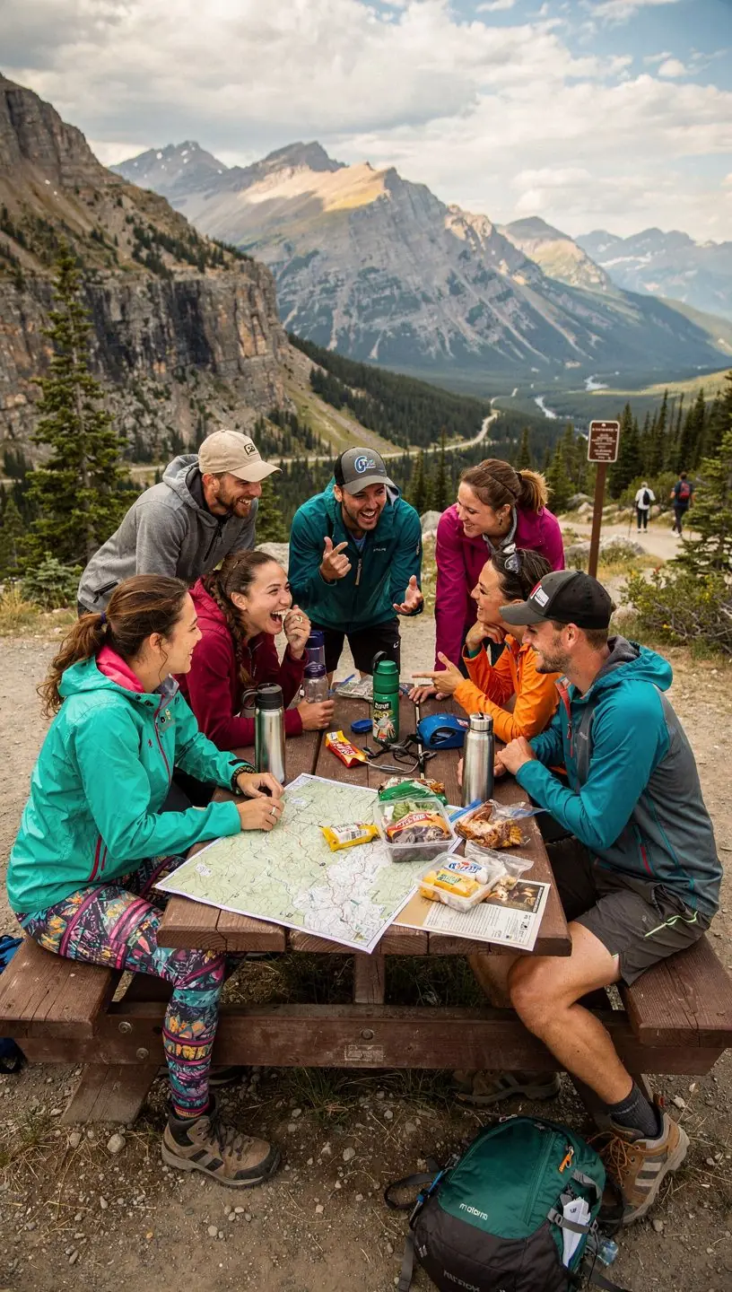 Семья, наслаждающаяся прогулкой по живописному парку с зелеными деревьями и цветами.